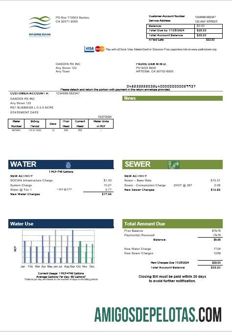 Para baixar modelo de conta de serviços públicos EUA Califórnia Padredam em formatos Word e PDF